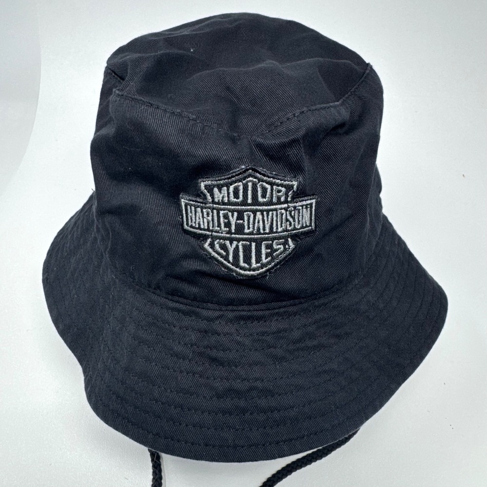 Harley Davidson Bucket Hat Black Cotton Dothan Alabama S/M Sun Hat w/ Chin Cord